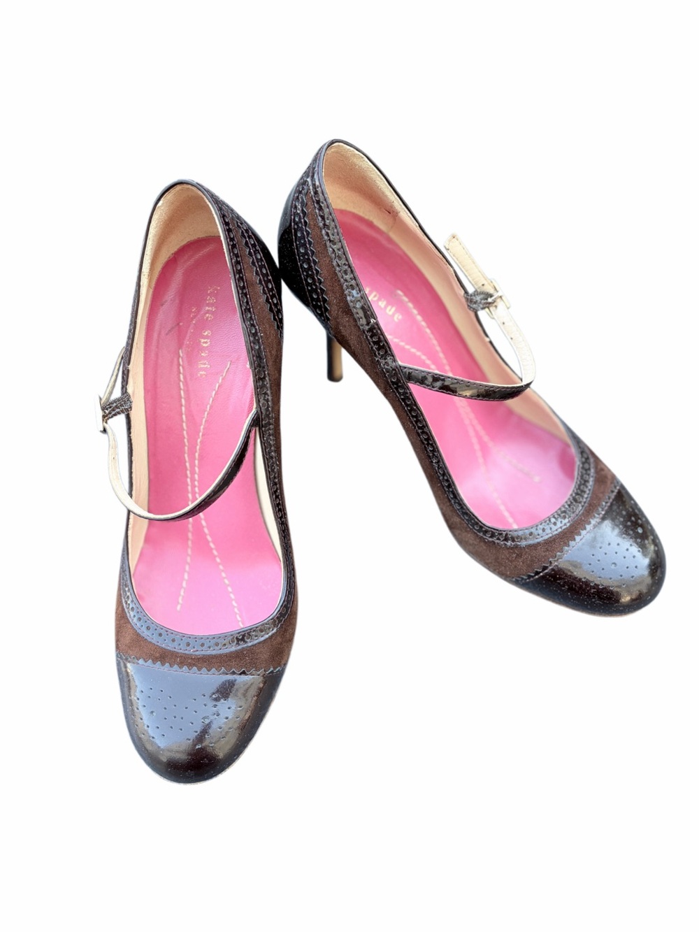Kate Spade Brown Suede / Patent Leather Mary Jane‎ Heels with Pink Insole
